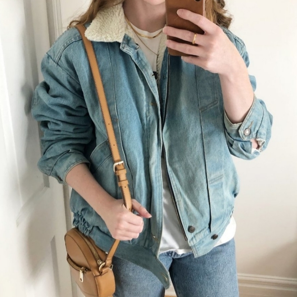 vintage oversized denim sherpa-lined retro light wash jean jacket coat